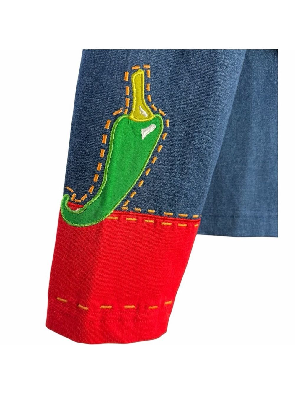 Michael Simon Top Vintage Beaded Chili Peppers Denim Whimsy Shirt Wearable Art - Picture 8 of 14
